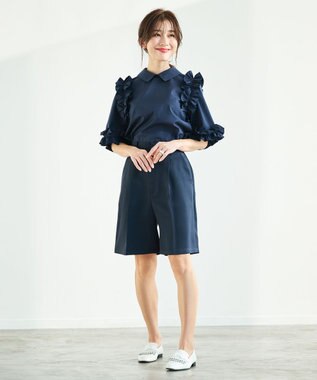 #Newans ロマンティックフリルディテールシャツ ネイビー