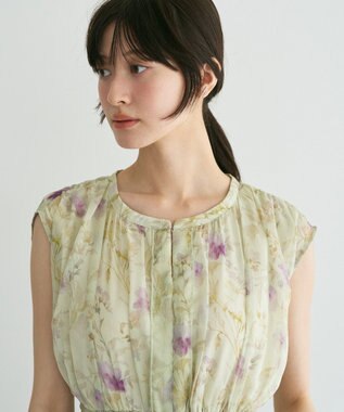 YECCA VECCA シアー花柄プリーツワンピース Light Green