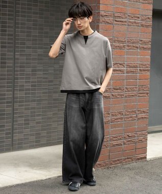 WEGO 【ユニセックス着用ITEM/MLサイズ展開】フェイクレイヤードキーネックT（SS） スミクロ