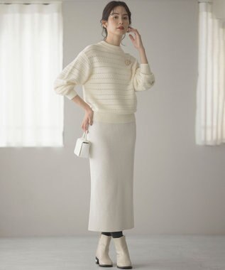 組曲 【WEB限定カラーあり】透かし編みバルキーボーダー柄ニット アイボリー系