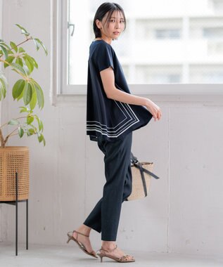 23区 L 【洗える】リネンレーヨンストレッチ テーパードパンツ ネイビー系