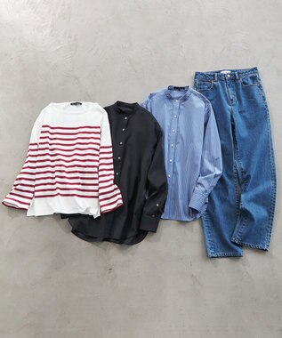 23区 L 【洗える】BUGIS シングルジャージー ボーダー カットソー オフホワイト×レッドボーダー