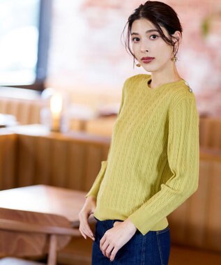 Tiaclasse L 【洗える】肩ボタンケーブルニットトップス ライム