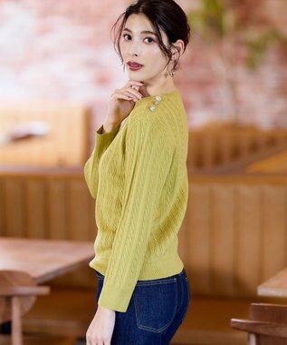 Tiaclasse L 【洗える】肩ボタンケーブルニットトップス ライム
