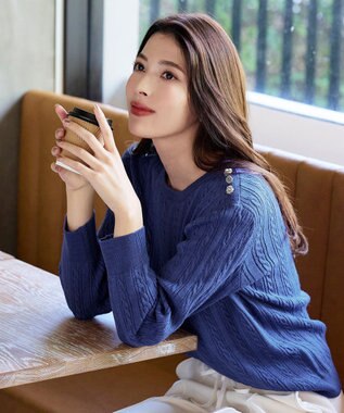 Tiaclasse L 【洗える】肩ボタンケーブルニットトップス ブルー