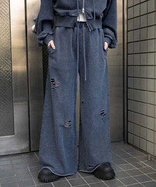 WEGO 【ウエストゴム】ダメージスウェットワイドパンツ ブルー