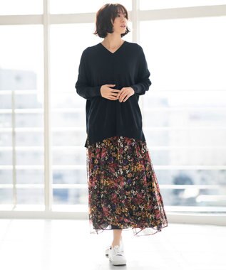 自由区 【WEB限定カラー有/洗える】コットンアセテート チュニック丈ニット ネイビー系