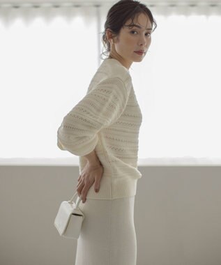 組曲 【WEB限定カラーあり】透かし編みバルキーボーダー柄ニット アイボリー系