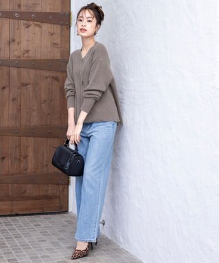 Tiaclasse L 【洗える】Vネック起毛ニットトップス モカ