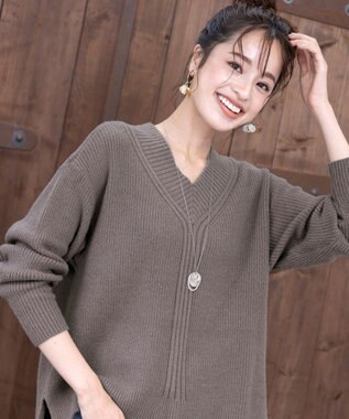Tiaclasse L 【洗える】Vネック起毛ニットトップス モカ
