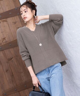 Tiaclasse L 【洗える】Vネック起毛ニットトップス モカ
