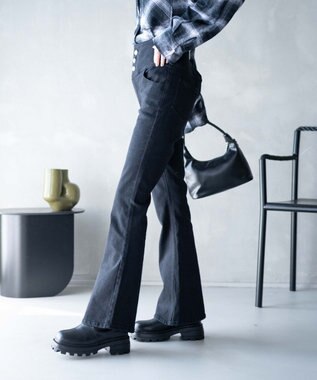 WEGO ハイウエストストレッチデニムフレアパンツ ブラック