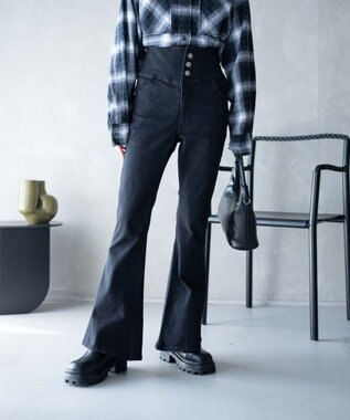 WEGO ハイウエストストレッチデニムフレアパンツ ブラック