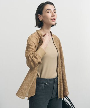 UNFILO ブロックレース バンドカラーシャツ キャメル