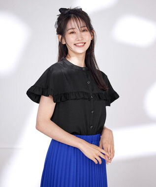 Tiaclasse L 【洗える】ケープ風フリルスリーブブラウス ブラック