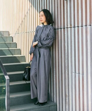 #Newans 【洗濯機可/しわになりにくい】シャーリングネック ボリュームスリーブブラウス チャコール