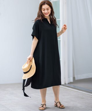 23区 L 【Lサイズ限定/吸水速乾/UVカット/接触冷感/】ストレッチジョーゼット 半袖ワンピース ブラック系