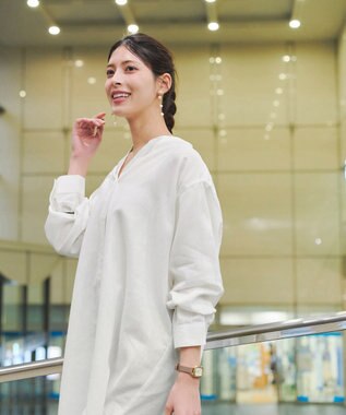 Tiaclasse 【洗える】リネンミックススキッパーシャツワンピース オフホワイト