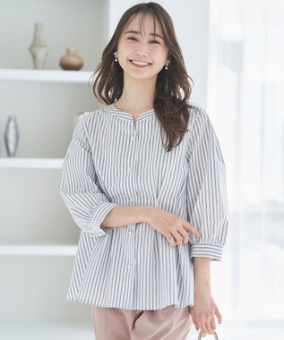 ANY SIS 【洗える】タックペプラムシャツ ブラウス オフストライプ