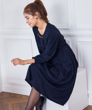 Tiaclasse 【洗える】タックパールワンピース ネイビー