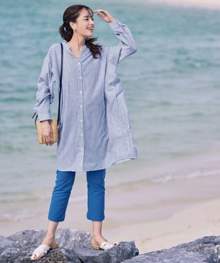 Tiaclasse 【洗える】リネンミックススキッパーシャツワンピース ブルーストライプ