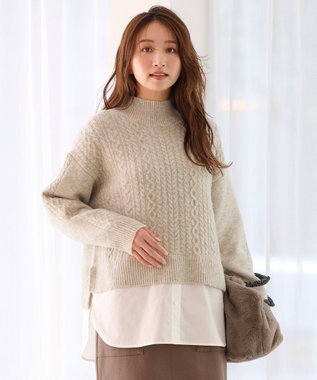 ANY 【洗濯機可能】シャツコンビケーブルニット ベージュ