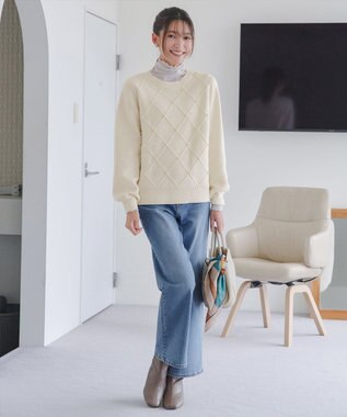 Tiaclasse ダイヤ柄パール付きニットプルオーバー グレー