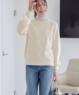Tiaclasse ダイヤ柄パール付きニットプルオーバー オフホワイト