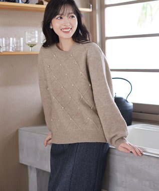 Tiaclasse ダイヤ柄パール付きニットプルオーバー ベージュ