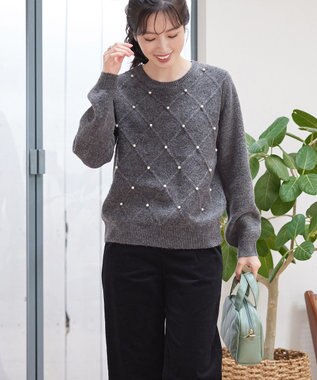 Tiaclasse ダイヤ柄パール付きニットプルオーバー グレー