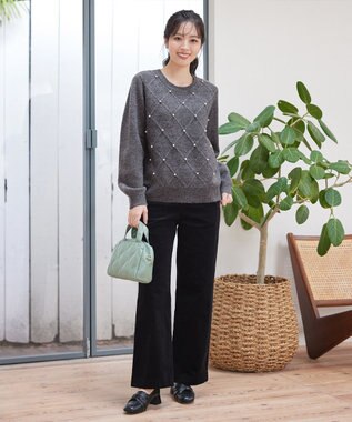 Tiaclasse ダイヤ柄パール付きニットプルオーバー グレー