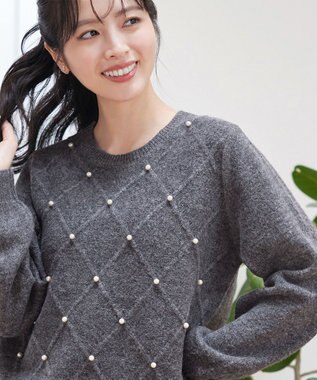 Tiaclasse ダイヤ柄パール付きニットプルオーバー グレー