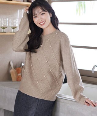 Tiaclasse ダイヤ柄パール付きニットプルオーバー ベージュ