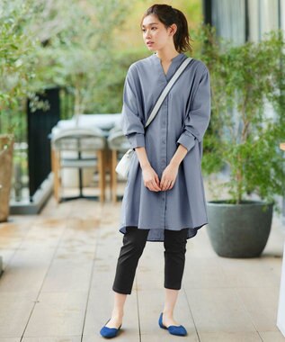 Tiaclasse 【洗える】リネンミックススキッパーシャツワンピース サックス