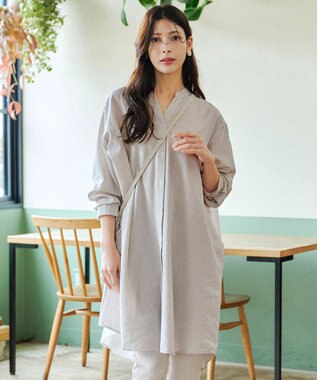 Tiaclasse 【洗える】リネンミックススキッパーシャツワンピース ベージュストライプ