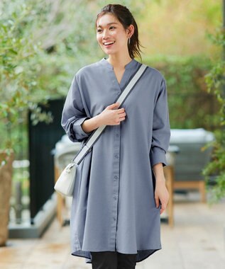 Tiaclasse 【洗える】リネンミックススキッパーシャツワンピース サックス