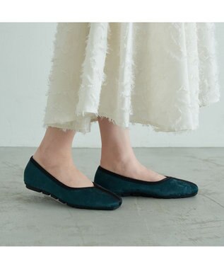 MODE ET JACOMO <carino>スクエアトゥ切り替えデザインフラットパンプス ダークグリーン