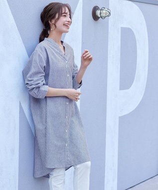 Tiaclasse 【洗える】リネンミックススキッパーシャツワンピース ブルーストライプ