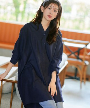 Tiaclasse 【洗える】リネンミックススキッパーシャツワンピース ネイビー