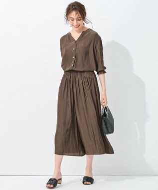 自由区 【セットアップ可/洗える】ブライトサテンライト ギャザーパンツ ダークブラウン系