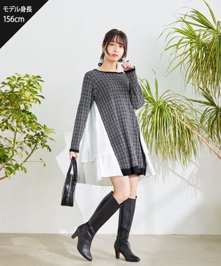 Tiaclasse 【洗える】ツイード2段フレアチュニックブラウス ブラック