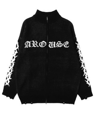 WEGO クロスダメージニットBIGブルゾン ブラック