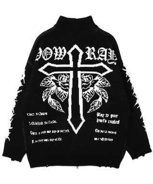 WEGO クロスダメージニットBIGブルゾン ブラック