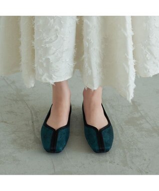 MODE ET JACOMO <carino>スクエアトゥ切り替えデザインフラットパンプス ダークグリーン