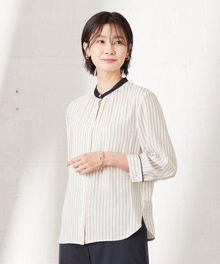J.PRESS LADIES 【洗える】 バックサテンランダムストライプ バンドカラー ブラウス ベージュ系1