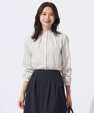 J.PRESS LADIES 【洗える】ランダムストライプ フリルネック ブラウス ホワイト系1