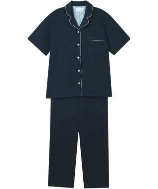 une nana cool 【綿混】ソフトコットンリブ 半袖開襟パジャマ MADE WITH LIBERTY FABRIC ネイビー
