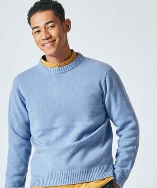 【Cash Lamb's Wool】クルーネック ニット, サックスブルー系, M