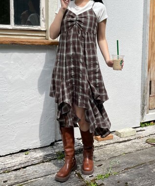 WEGO チェックイレヘムキャミワンピース ブラウンチェック1