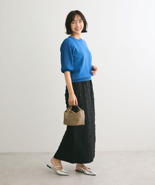 Green Parks 袖プリーツドッキング５分袖ニットプルオーバー Blue